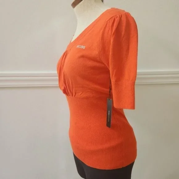 BCBGMaxAzri Orange Knit Short Sleeve Top Scoop Neck Cotton Stretch Women Medium - Picture 7 of 11
